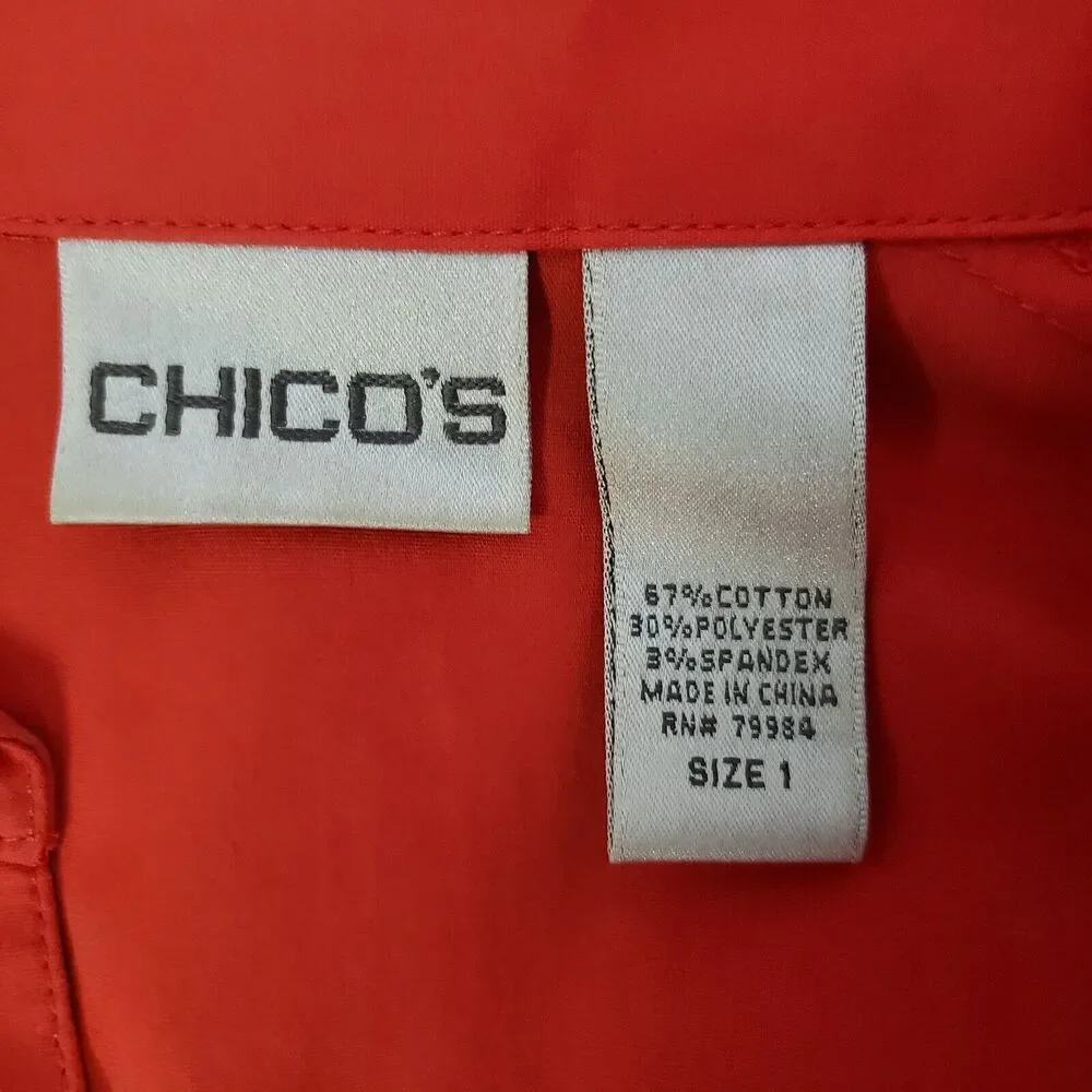 Chico's Womens Top Sz 1 Medium Red Stretch Button Front 3/4 Sleeve Flap Pockets